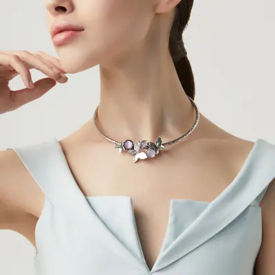 Pink Butterfly Light Necklace קולר כסף