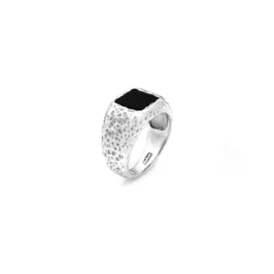 Square Onyx Hammered Ring טבעת כסף