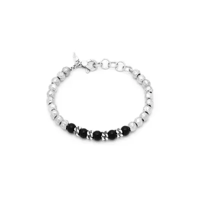 Onyx Spheres and Wheat Chain Bracelet צמיד כסף