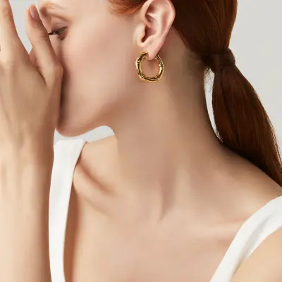 Bamboo Small Hoop Earrings gold-plated עגילי כסף